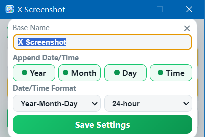 Filename and date settings in X Screenshot
